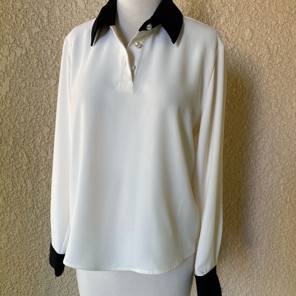 Amanda Uprichard Bel Aire Silk Blouse – Cream & Black • Polished Pearl Buttons • - Picture 4 of 7